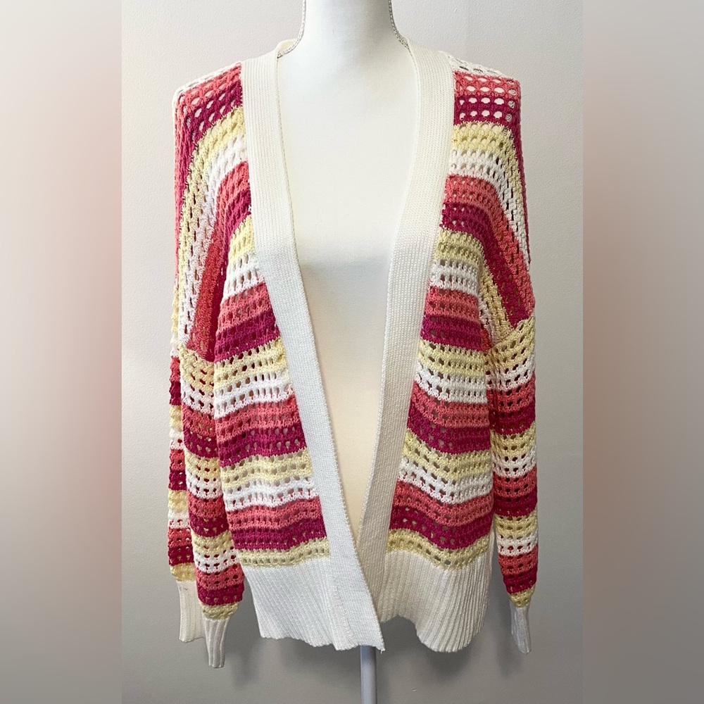 Pink Rose Coral Stripe Crocheted Open Front Cardigan Sweater. Cotton Size 1X